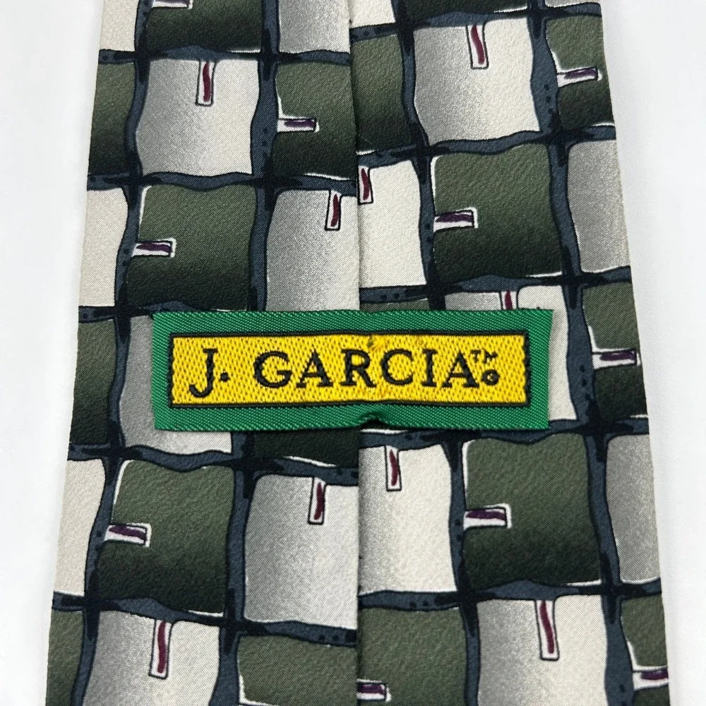 Vintage‎ 1996 J. Garcia Ancient Writing Green Silver Geometric 100% Silk Tie